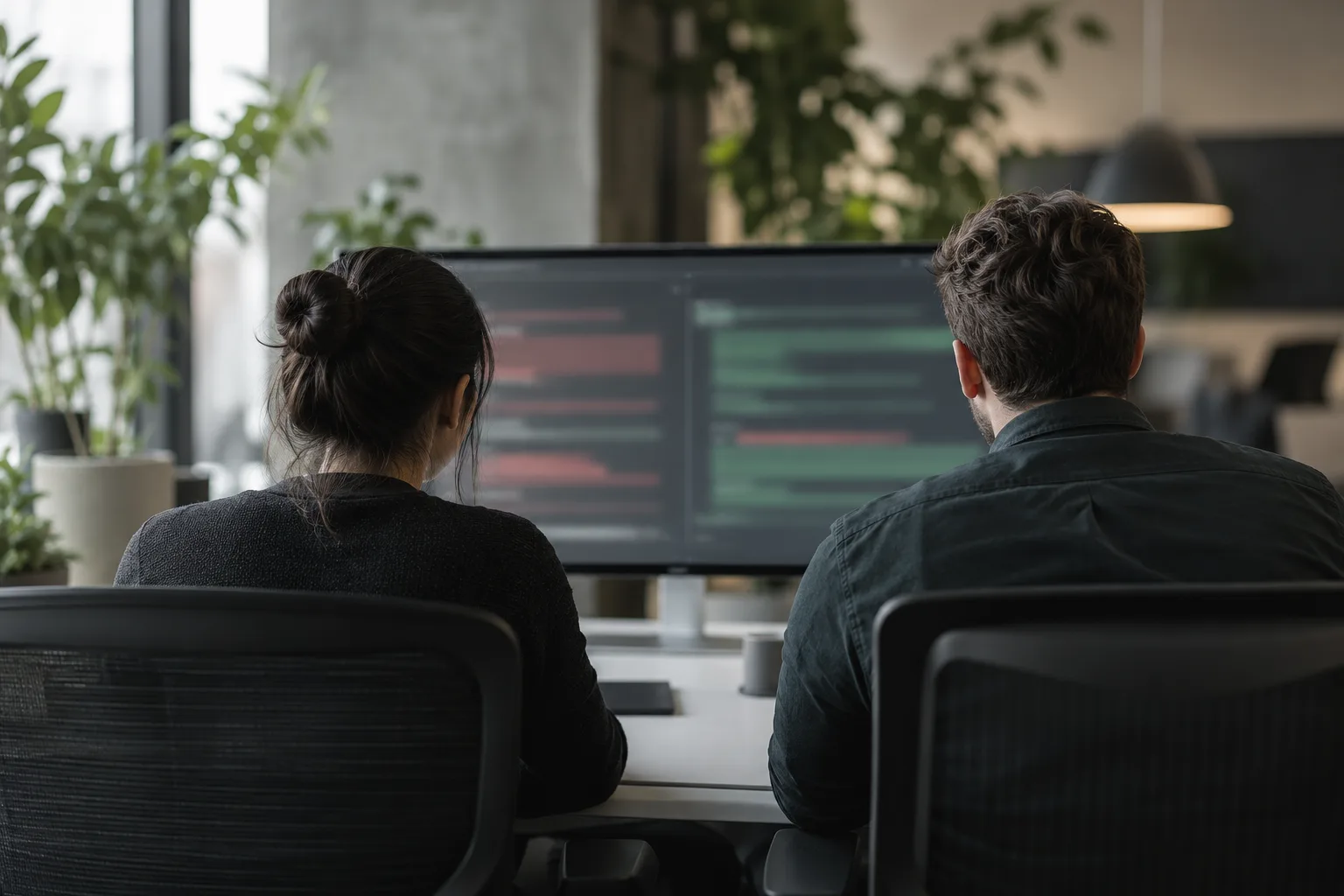 Two engineers reviewing a code diff on a large monitor