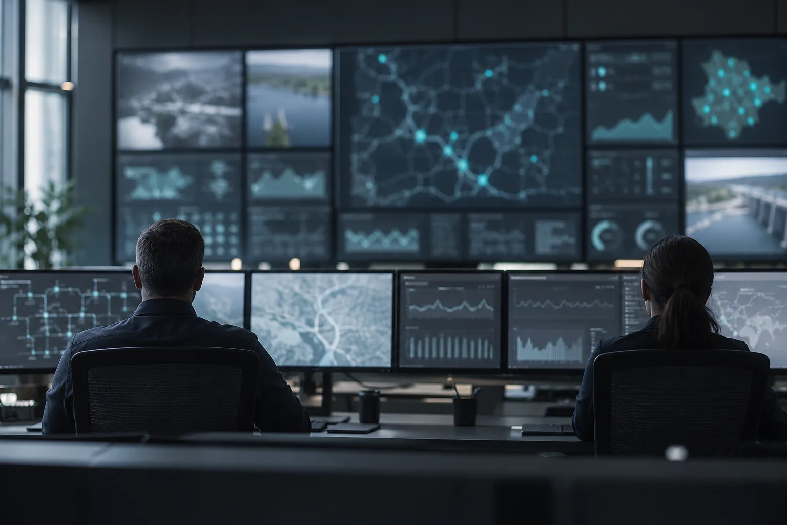 Utility control room with monitoring screens
