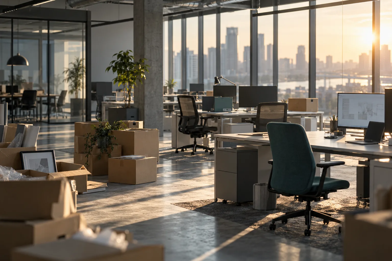 Freshly built-out office floor with new desks