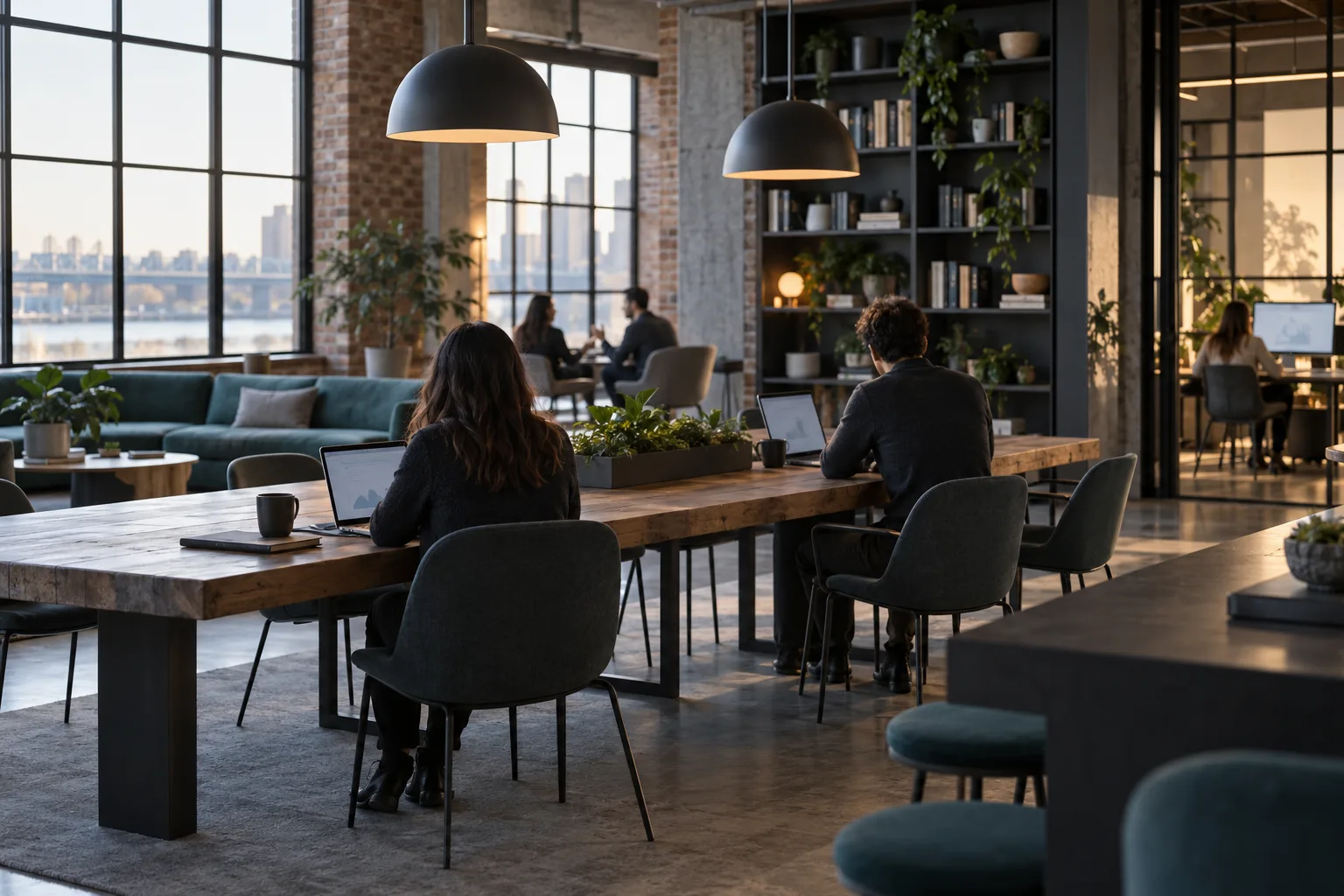 Office common area with exposed brick and communal table