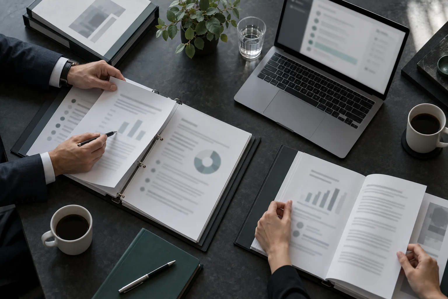 Audit binders and a laptop on a conference table