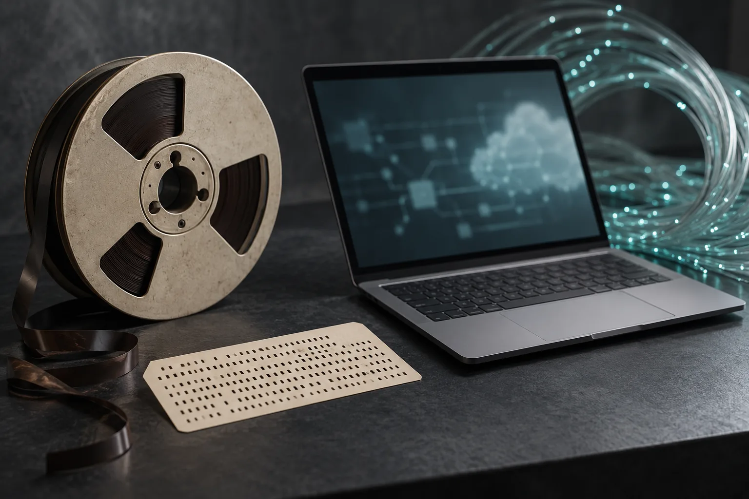 Magnetic tape reel and punch card beside a modern laptop